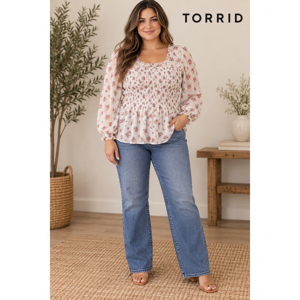 Torrid Floral Chiffon Smocked Babydoll Top White Pink Plus Size 3